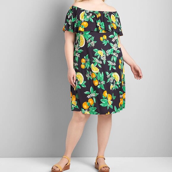 Lane Bryant 14 / 16 Off The Shoulder A Line Dress 4-Way & Pockets Navy Lemon NEW - Picture 5 of 12
